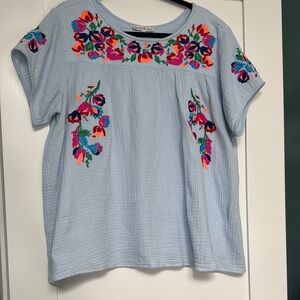 See and Be Seen - Embroidered Blue Top with Floral Design